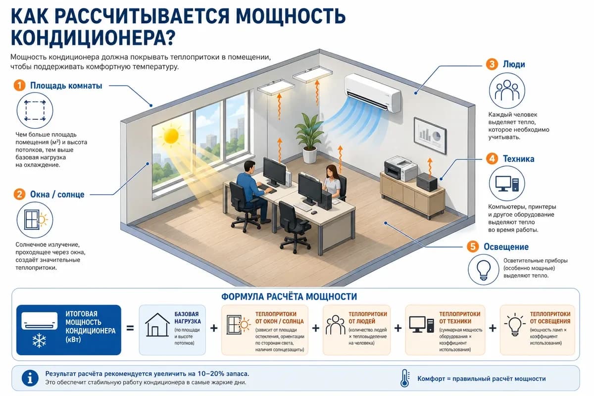 Инфографика: как считается мощность кондиционера по площади
