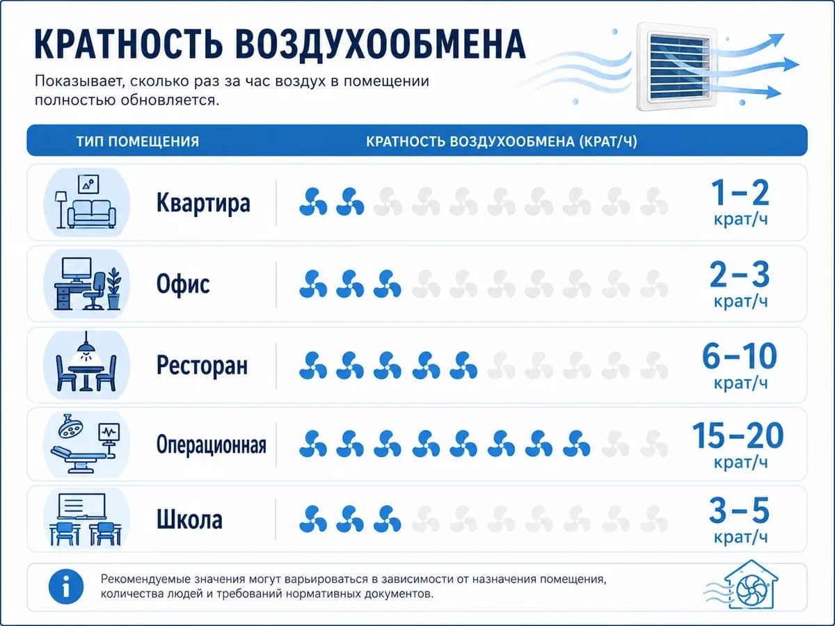 Кратность воздухообмена по типам помещений