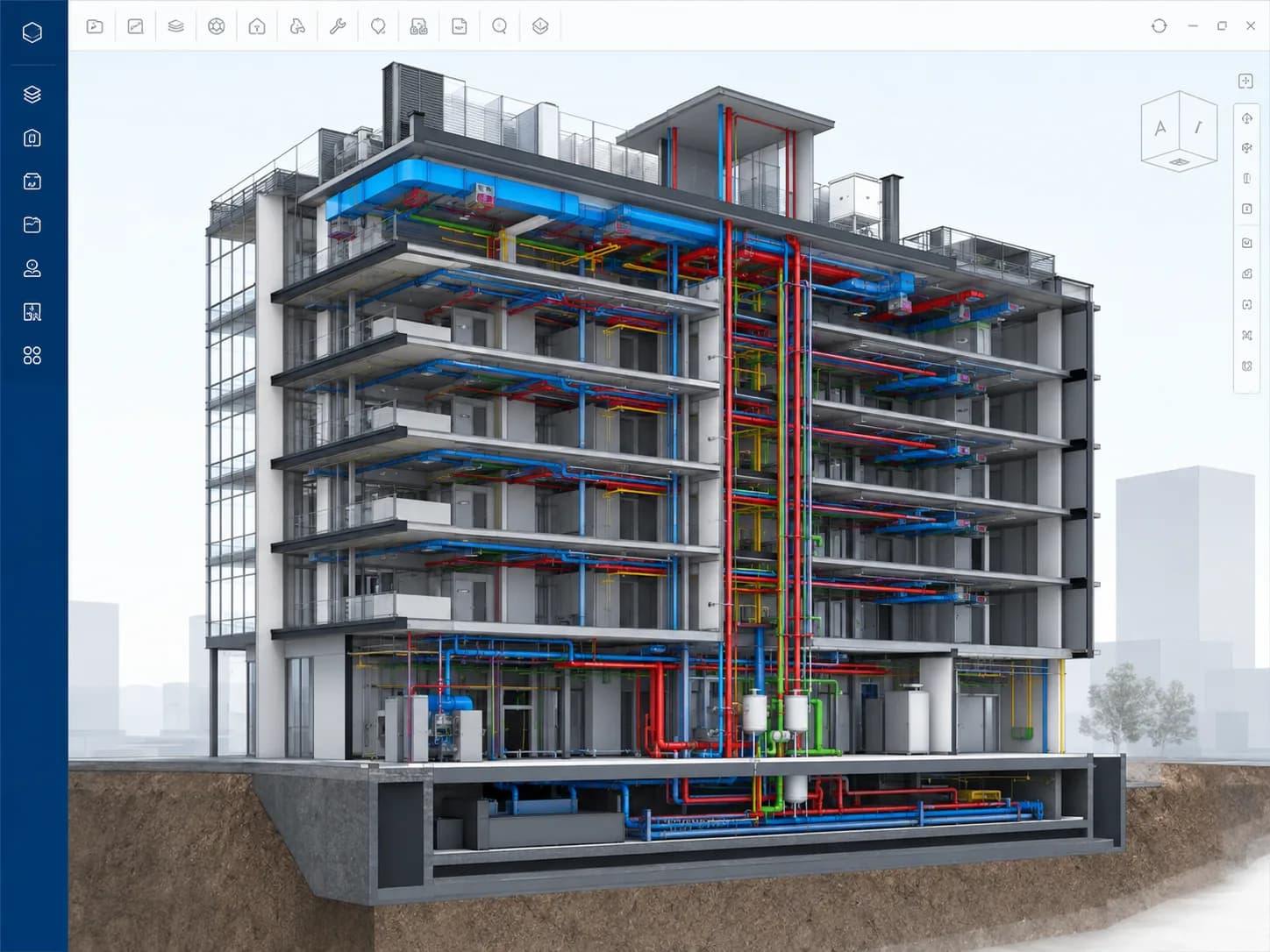 BIM-разрез здания: HVAC, электрика, водопровод